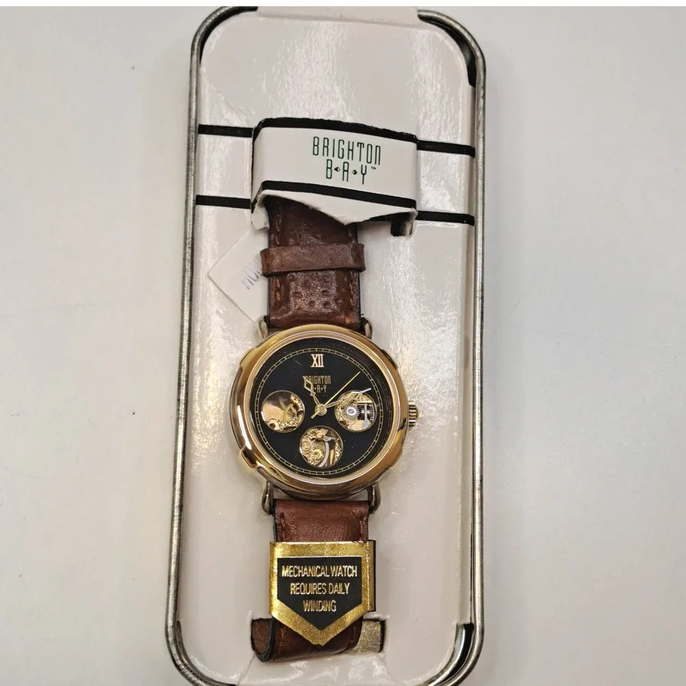 Brighton Bay Mens Mechanical Skeleton Watch Black Dial Gold Case Brown Leather